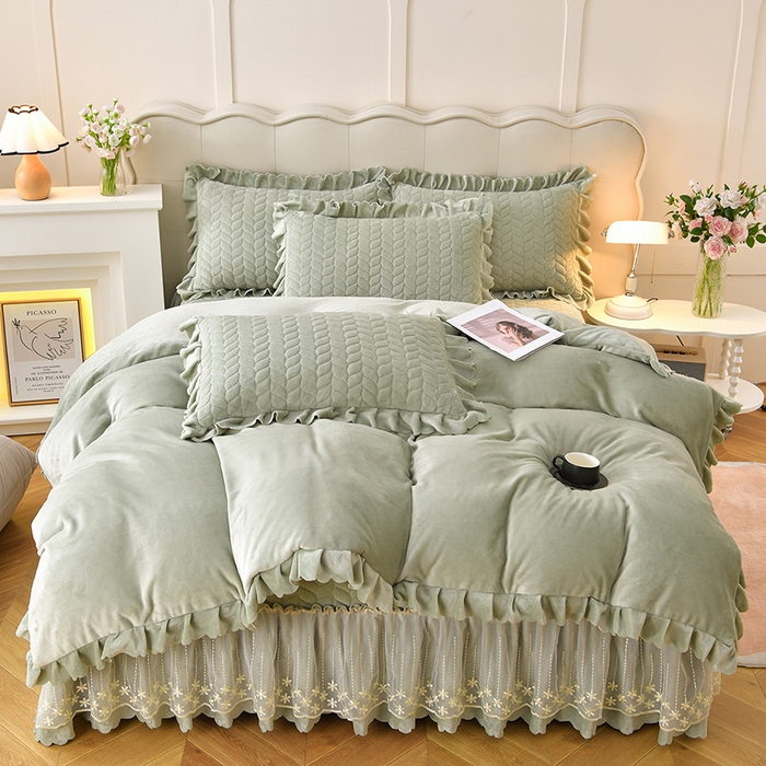 91家纺网 家纺一手货源 找家纺 铠畅家纺 2025新款丰眠系列牛奶绒床盖四件套 丰眠-海藻青