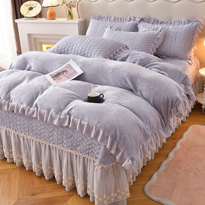 91家纺网 家纺一手货源 找家纺 铠畅家纺 2025新款丰眠系列牛奶绒床盖四件套 丰眠-灰紫