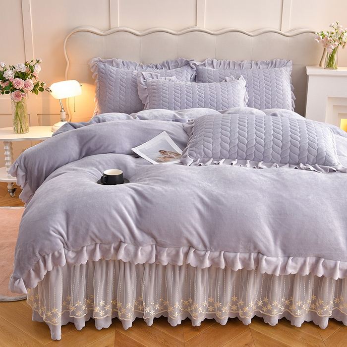 91家纺网 家纺一手货源 找家纺 铠畅家纺 2025新款丰眠系列牛奶绒床盖四件套 丰眠-灰紫