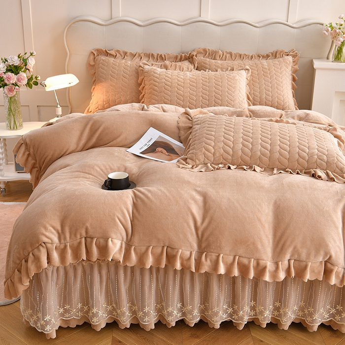 91家纺网 家纺一手货源 找家纺 铠畅家纺 2025新款丰眠系列牛奶绒床盖四件套 丰眠-奶油咖