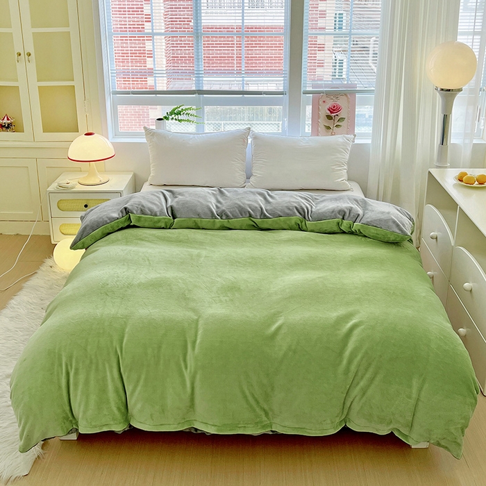 富馨莱 2025新款牛奶绒纯色双拼被套 双拼果绿+绅士灰