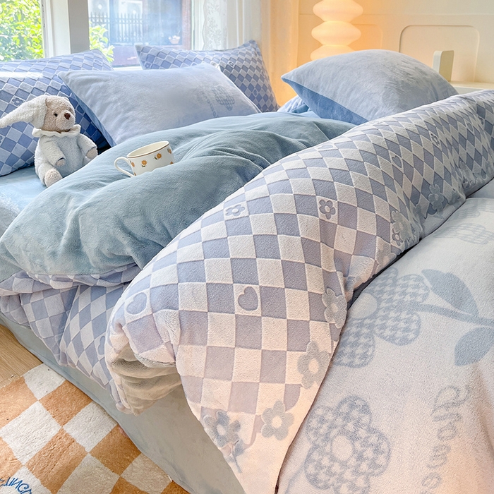 雅居纺家纺 2025新款立体雕花牛奶绒四件套-幸运花系列 幸运花-蓝