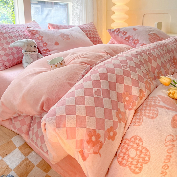 雅居纺家纺 2025新款立体雕花牛奶绒四件套-幸运花系列 幸运花-粉