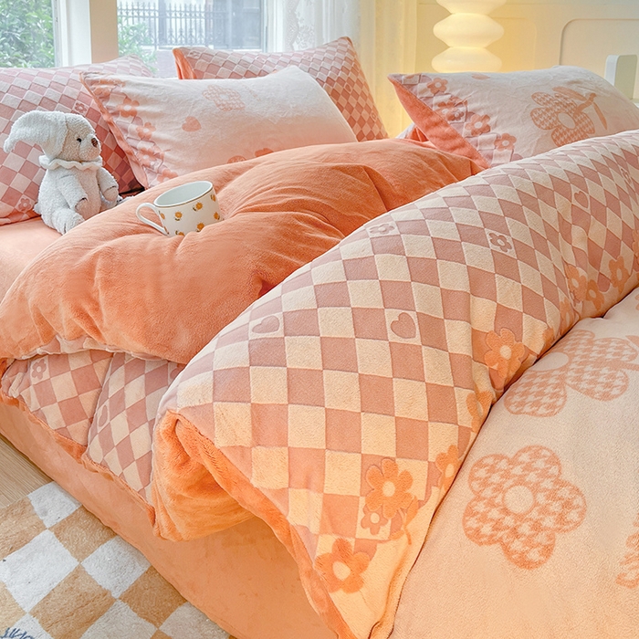 雅居纺家纺 2025新款立体雕花牛奶绒四件套-幸运花系列 幸运花-桔