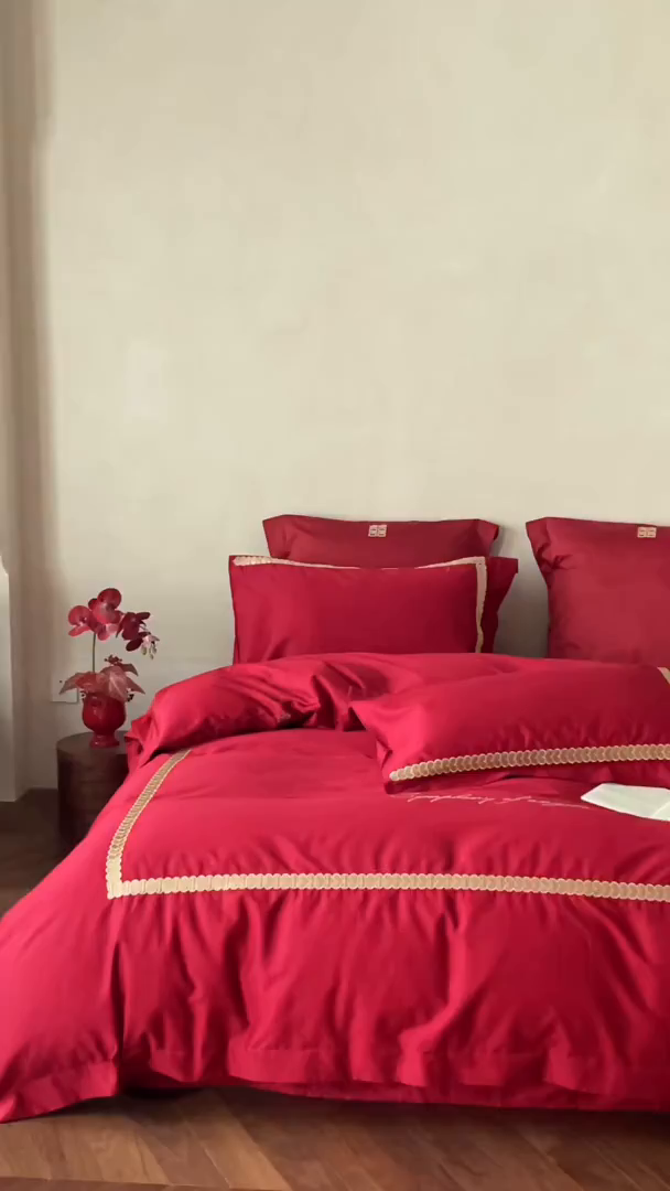 91家纺网 家纺一手货源 找家纺 （总）西西家居 2025新款100支长绒棉大红婚庆四件套-一见钟情