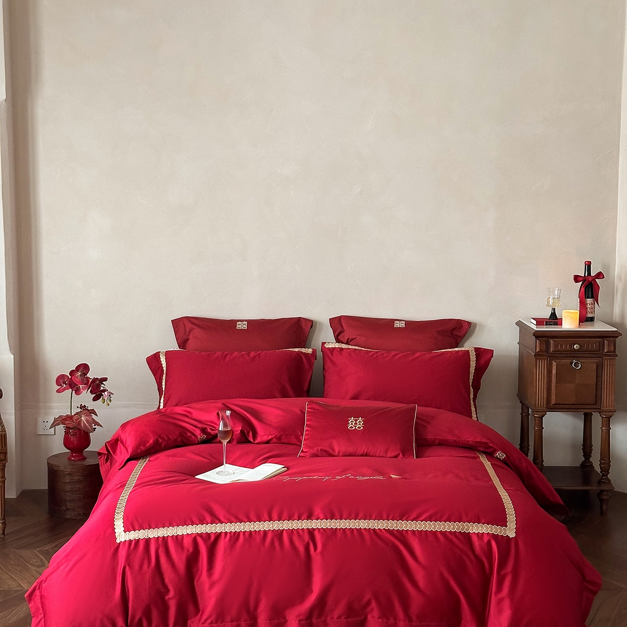 （总）西西家居 2025新款100支长绒棉大红婚庆四件套-一见钟情