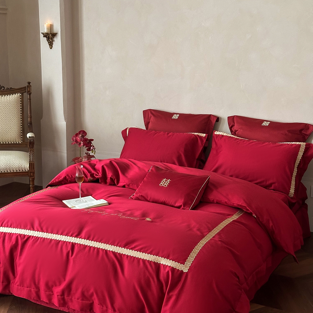 91家纺网 家纺一手货源 找家纺 （总）西西家居 2025新款100支长绒棉大红婚庆四件套-一见钟情