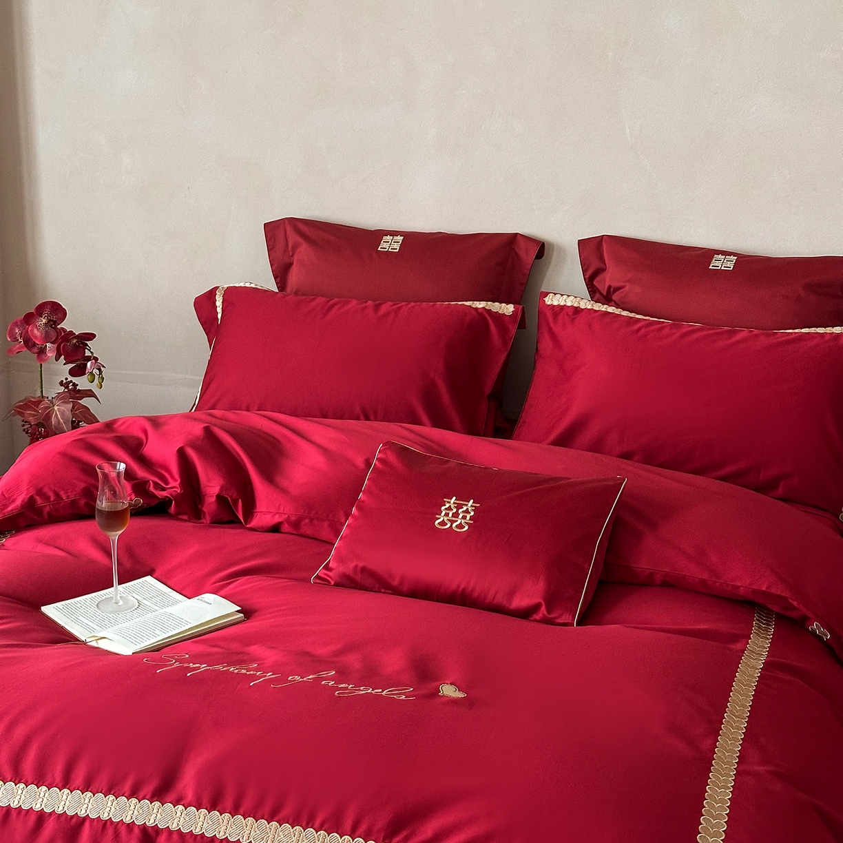 91家纺网 家纺一手货源 找家纺 （总）西西家居 2025新款100支长绒棉大红婚庆四件套-一见钟情