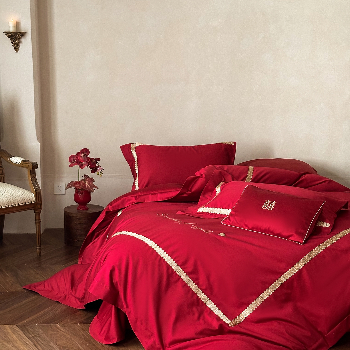 91家纺网 家纺一手货源 找家纺 （总）西西家居 2025新款100支长绒棉大红婚庆四件套-一见钟情