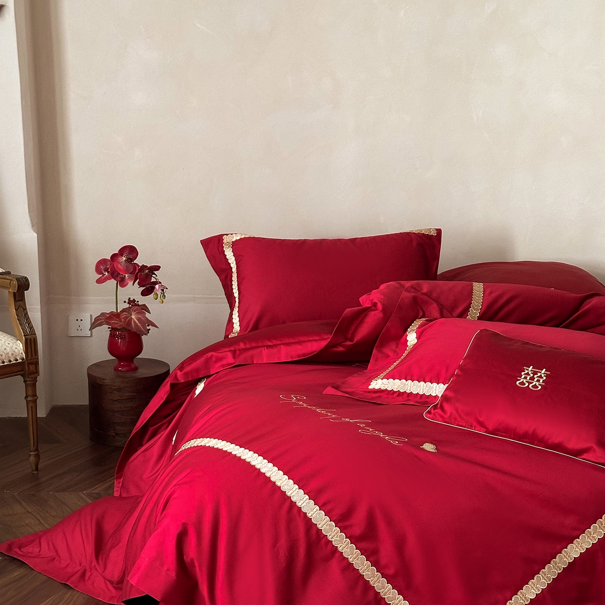 91家纺网 家纺一手货源 找家纺 （总）西西家居 2025新款100支长绒棉大红婚庆四件套-一见钟情