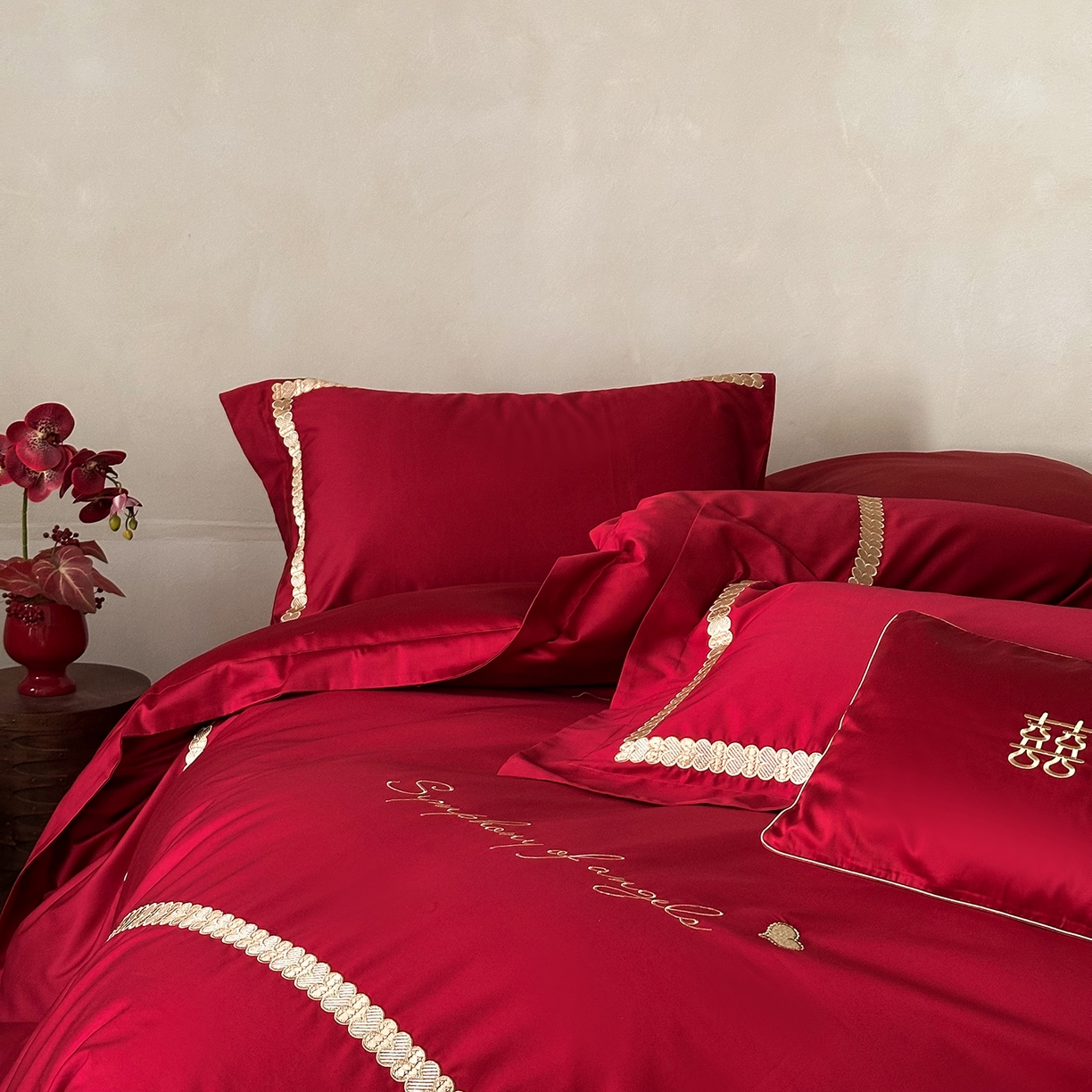 91家纺网 家纺一手货源 找家纺 （总）西西家居 2025新款100支长绒棉大红婚庆四件套-一见钟情