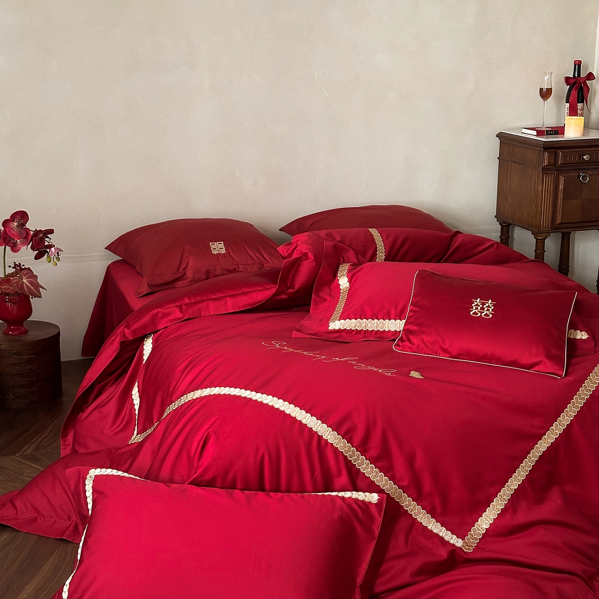 91家纺网 家纺一手货源 找家纺 （总）西西家居 2025新款100支长绒棉大红婚庆四件套-一见钟情