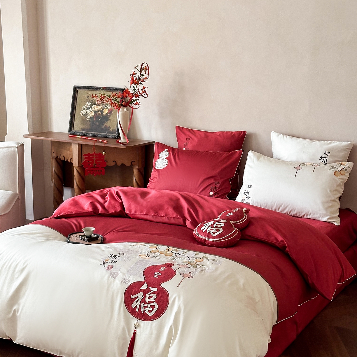 91家纺网 家纺一手货源 找家纺 （总）西西家居 2025新款100支长绒棉大红婚庆四件套-柿柿如意