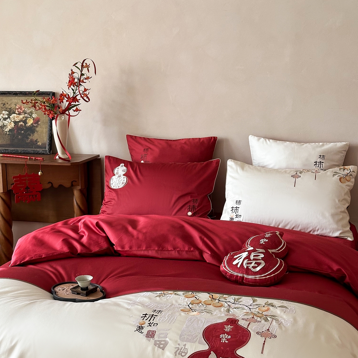 91家纺网 家纺一手货源 找家纺 （总）西西家居 2025新款100支长绒棉大红婚庆四件套-柿柿如意