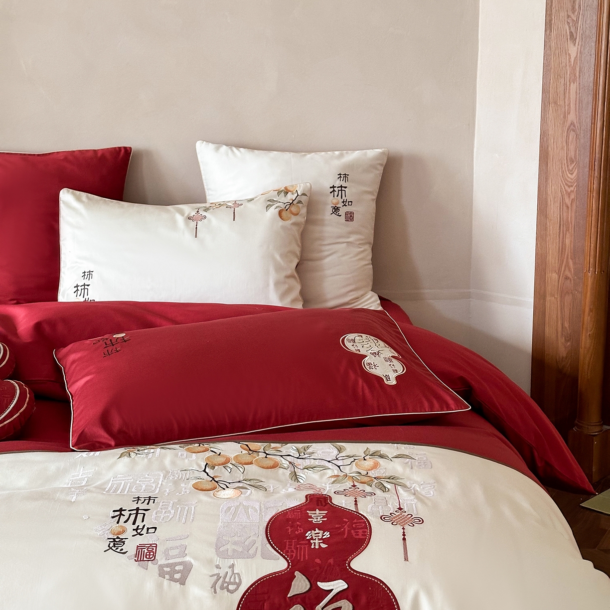 91家纺网 家纺一手货源 找家纺 （总）西西家居 2025新款100支长绒棉大红婚庆四件套-柿柿如意