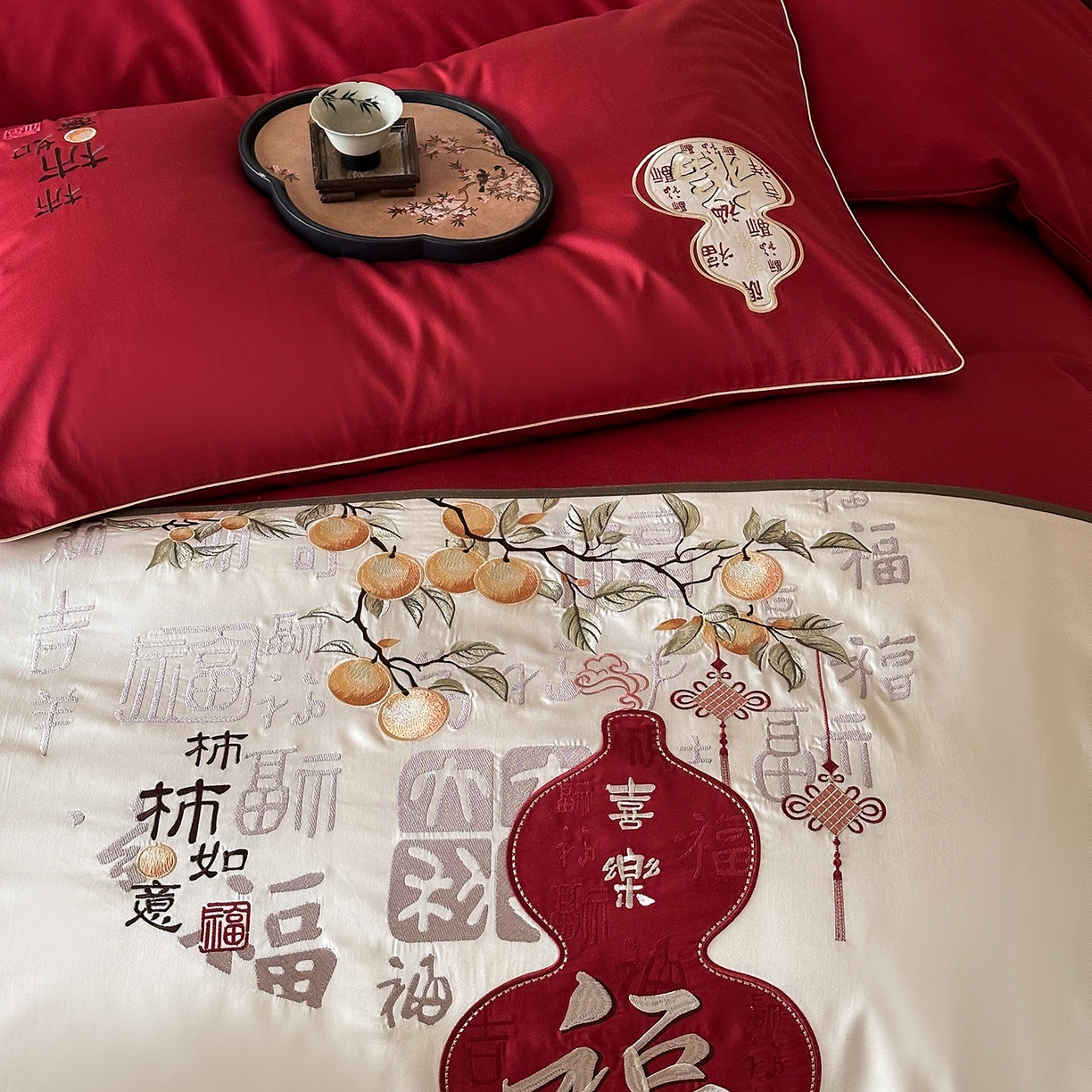 91家纺网 家纺一手货源 找家纺 （总）西西家居 2025新款100支长绒棉大红婚庆四件套-柿柿如意