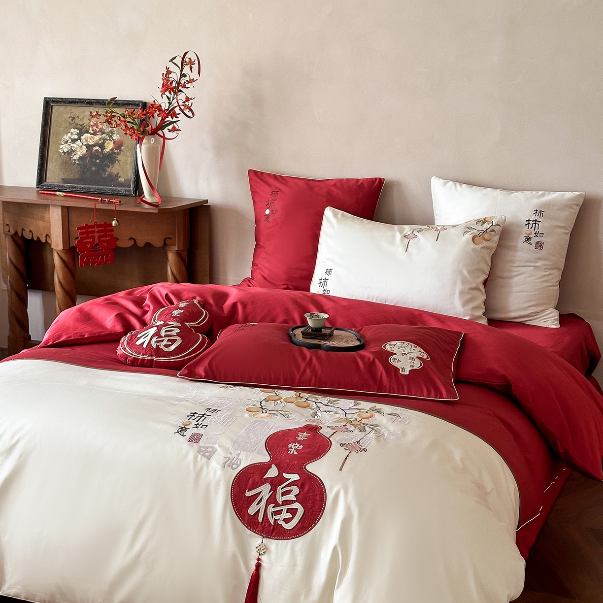 91家纺网 家纺一手货源 找家纺 （总）西西家居 2025新款100支长绒棉大红婚庆四件套-柿柿如意