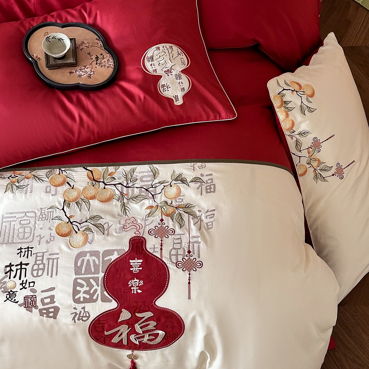 91家纺网 家纺一手货源 找家纺 （总）西西家居 2025新款100支长绒棉大红婚庆四件套-柿柿如意