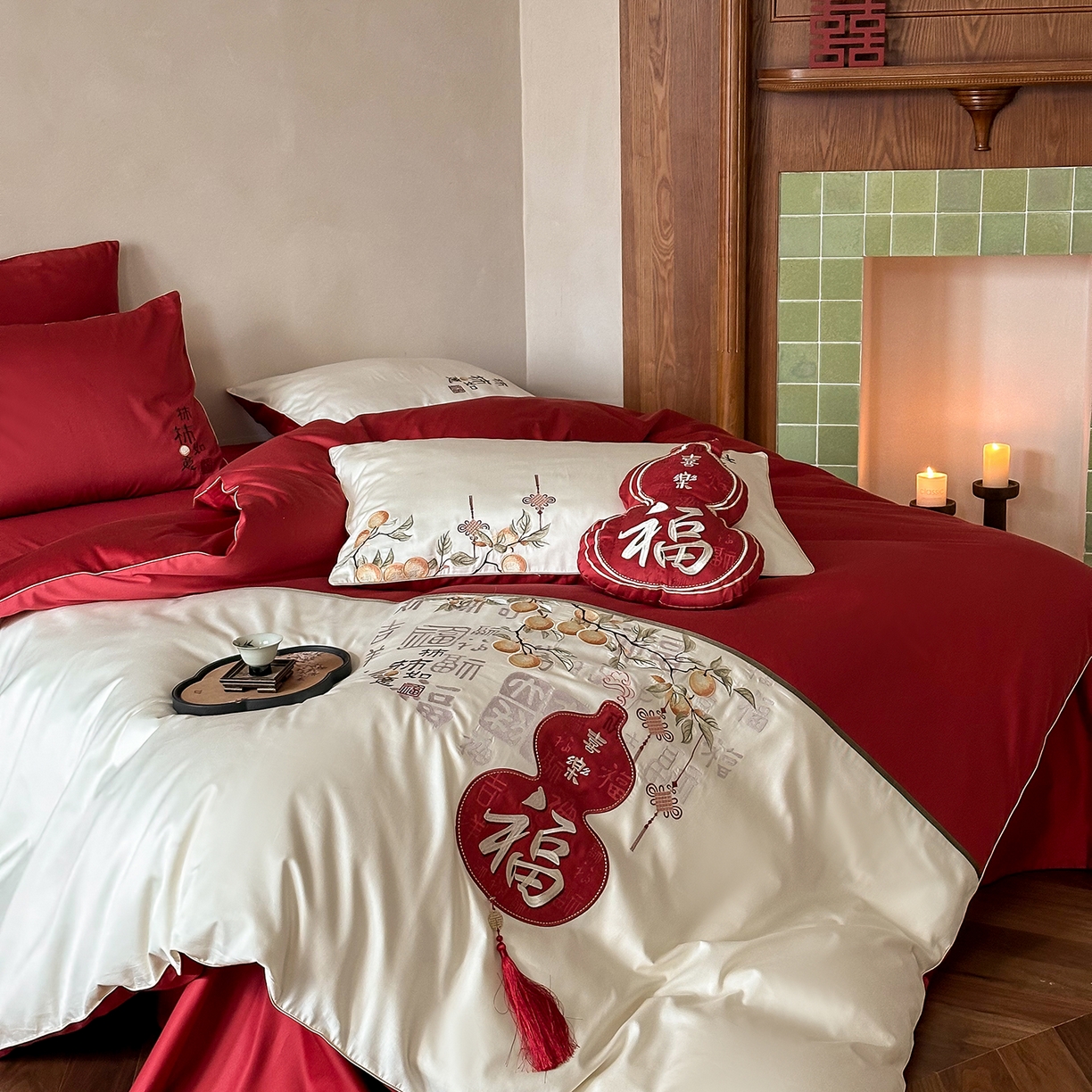 91家纺网 家纺一手货源 找家纺 （总）西西家居 2025新款100支长绒棉大红婚庆四件套-柿柿如意