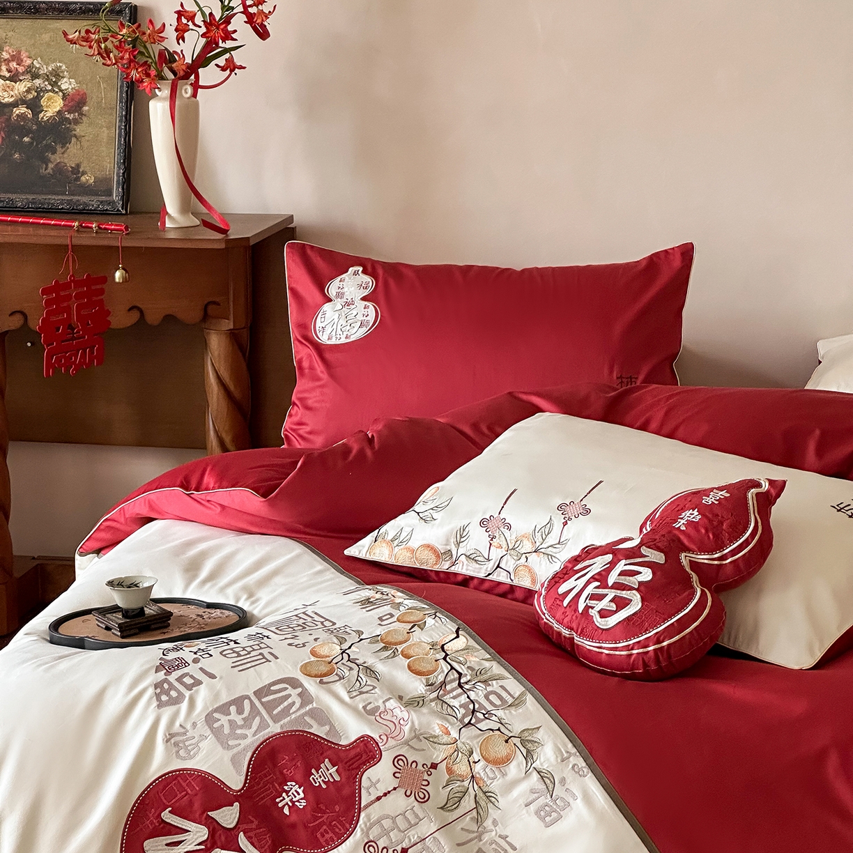 91家纺网 家纺一手货源 找家纺 （总）西西家居 2025新款100支长绒棉大红婚庆四件套-柿柿如意