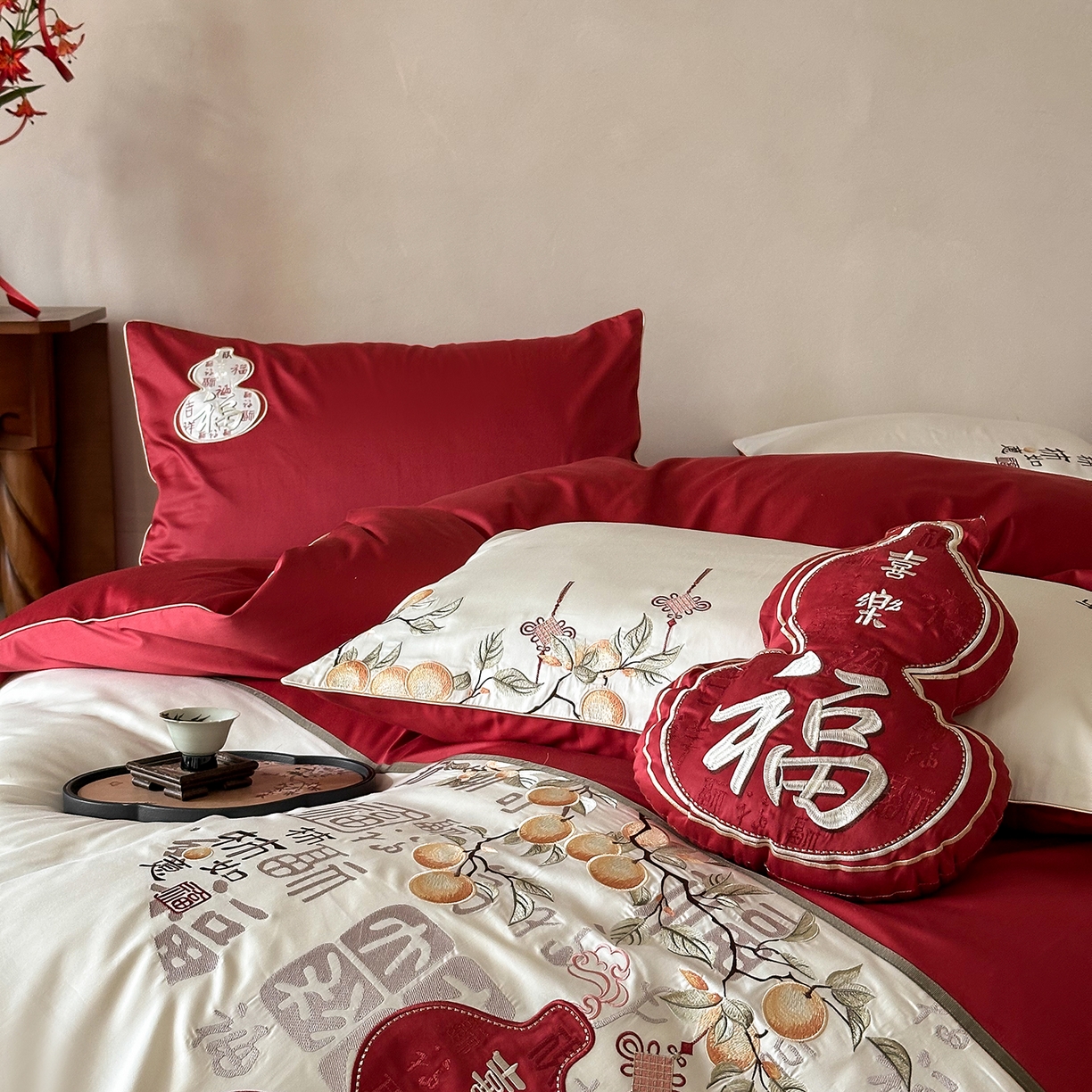 91家纺网 家纺一手货源 找家纺 （总）西西家居 2025新款100支长绒棉大红婚庆四件套-柿柿如意