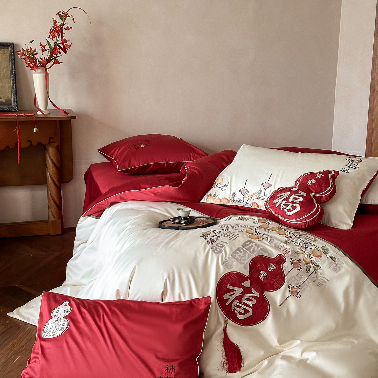 91家纺网 家纺一手货源 找家纺 （总）西西家居 2025新款100支长绒棉大红婚庆四件套-柿柿如意