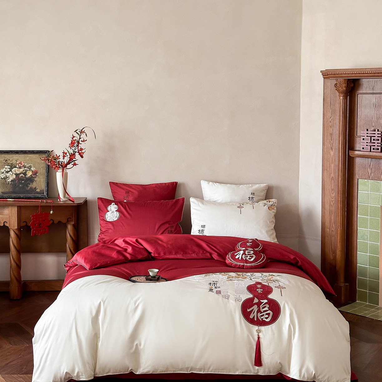 91家纺网 家纺一手货源 找家纺 （总）西西家居 2025新款100支长绒棉大红婚庆四件套-柿柿如意