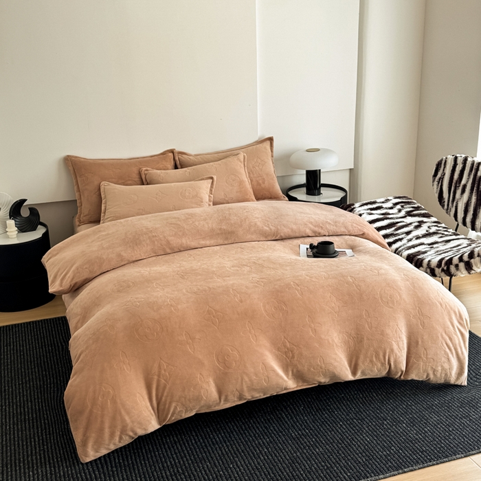 三悦四季 2025新款200克加厚牛奶绒剪花四件套跨境直播爆款 卡其