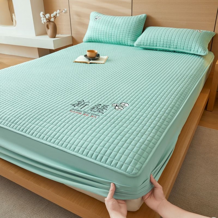 小禹仔家纺 2025新款刺绣床笠新疆棉花填充-夹棉床笠 青春绿