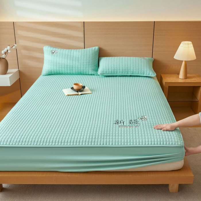 91家纺网 家纺一手货源 找家纺 小禹仔家纺 2025新款刺绣床笠新疆棉花填充-夹棉床笠 青春绿