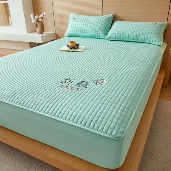 91家纺网 家纺一手货源 找家纺 小禹仔家纺 2025新款刺绣床笠新疆棉花填充-夹棉床笠 青春绿