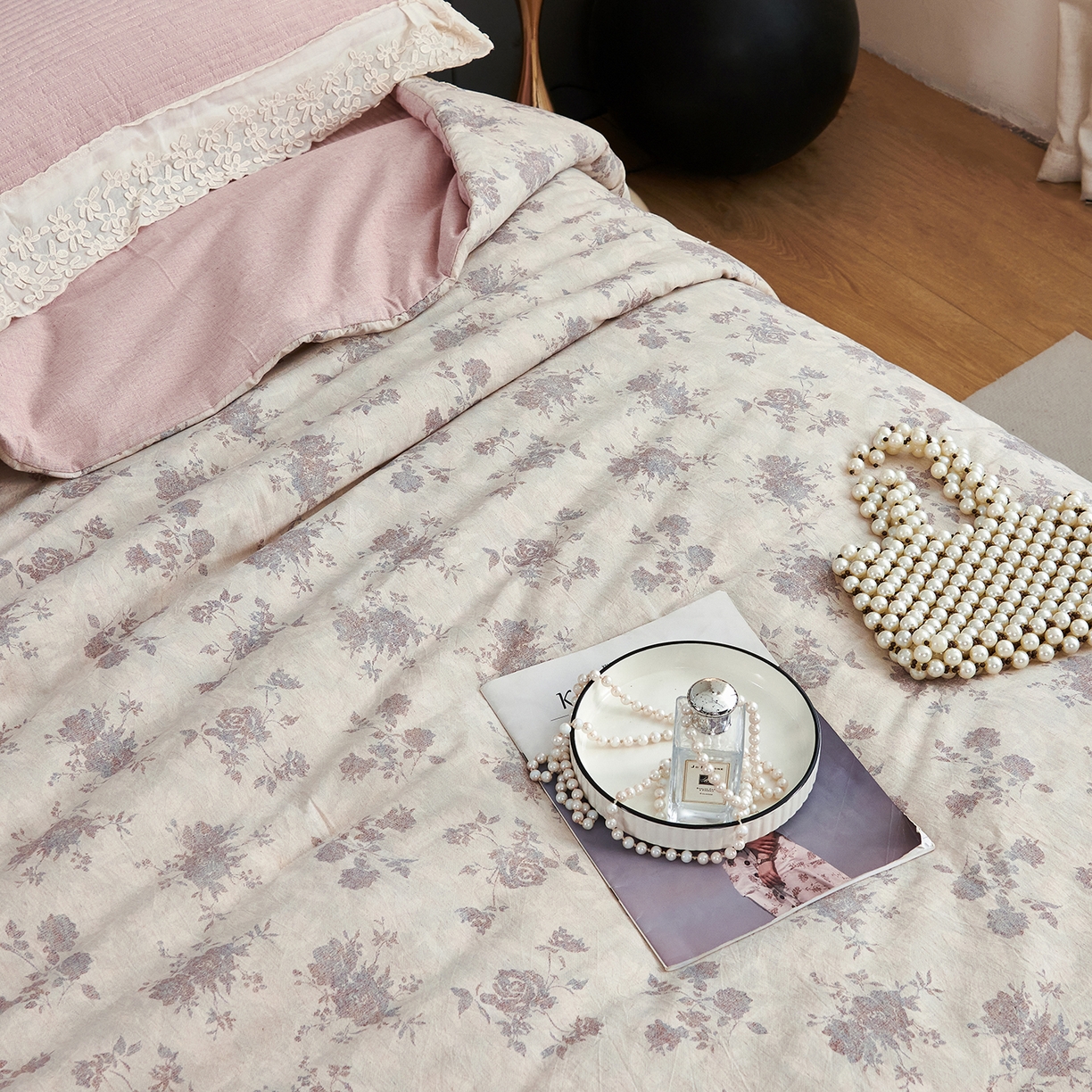 91家纺网 家纺一手货源 找家纺 优希家纺 2025新款暮悠棉麻多功能春秋被四件套 花漾粉