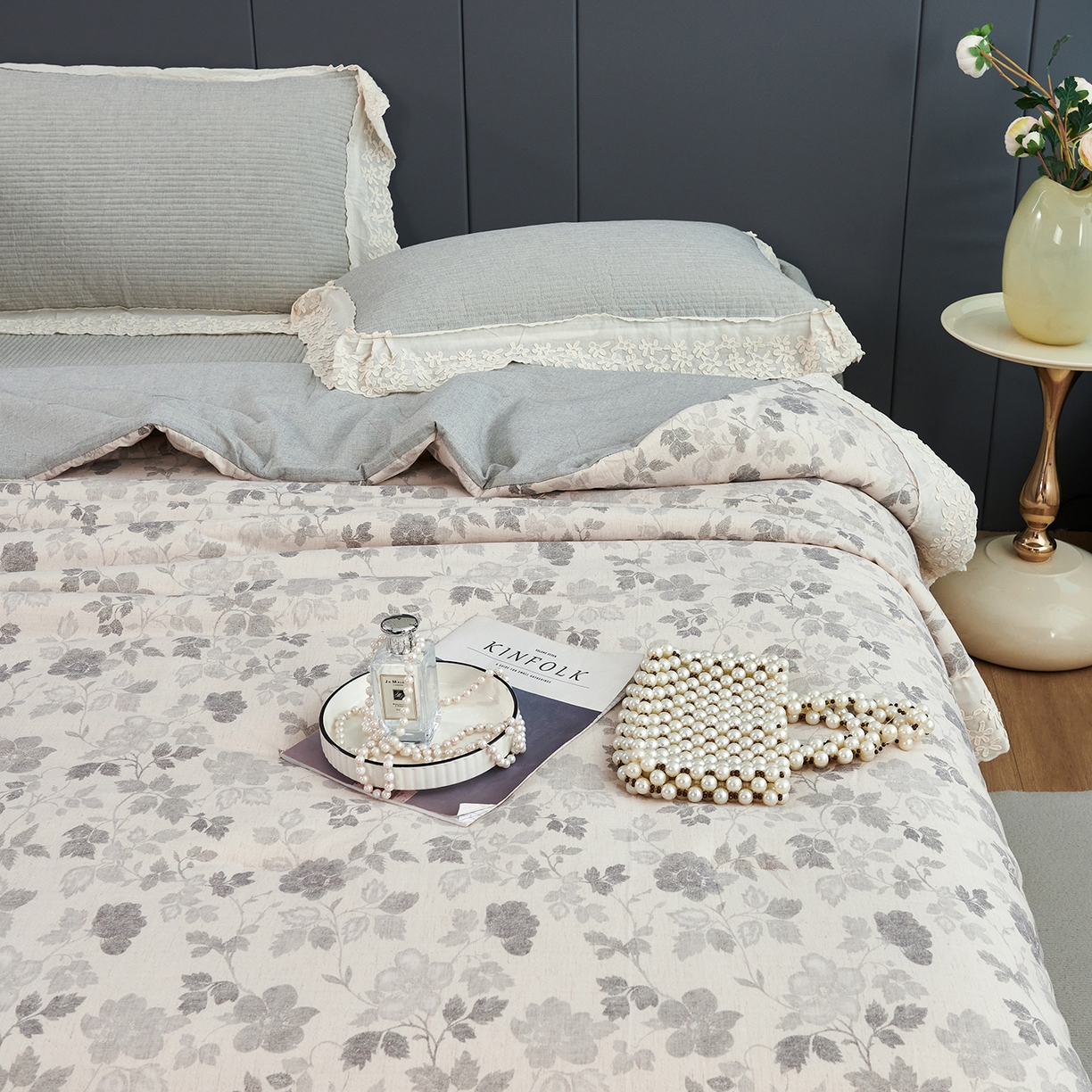 91家纺网 家纺一手货源 找家纺 优希家纺 2025新款暮悠棉麻多功能春秋被四件套 暮蔼花笺