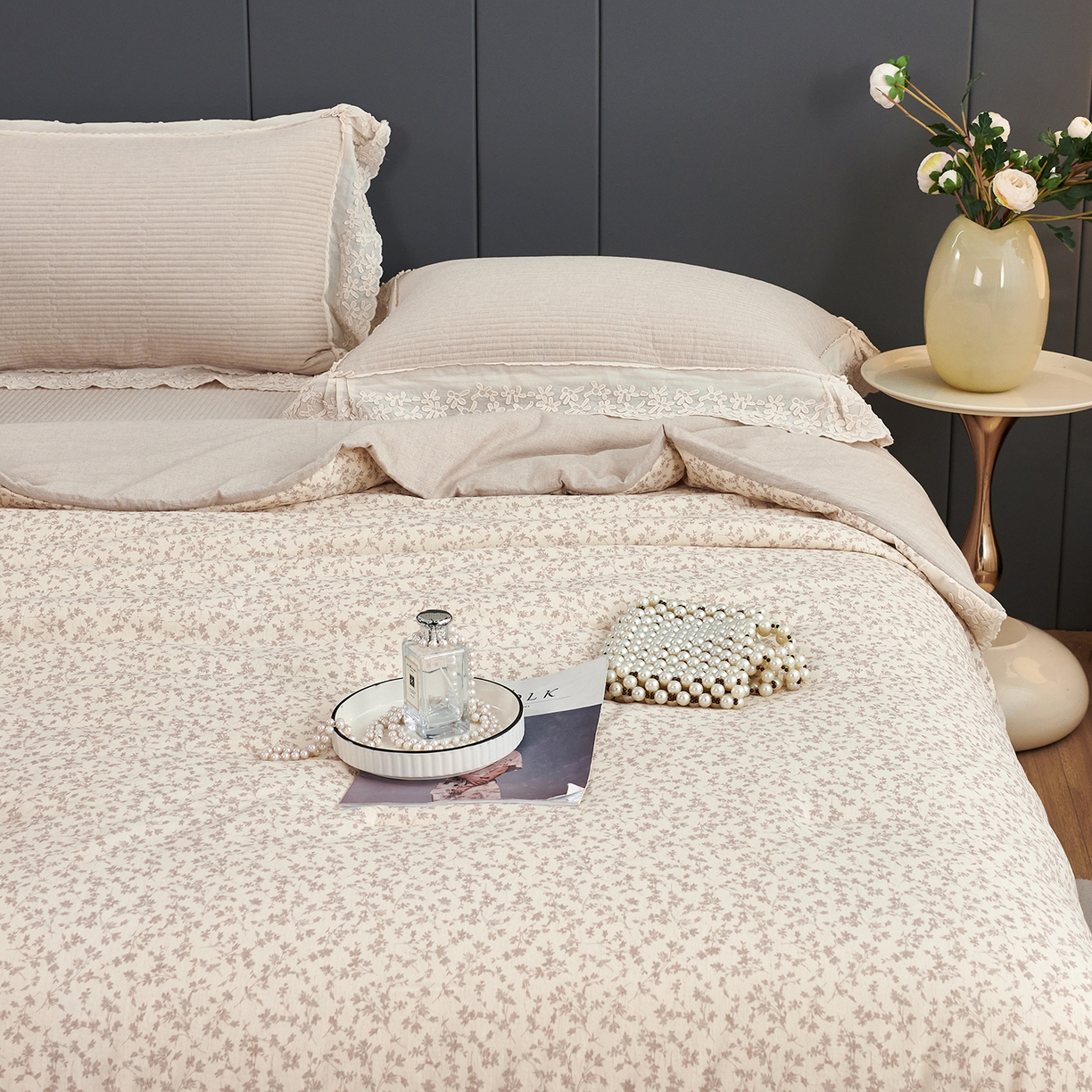 91家纺网 家纺一手货源 找家纺 优希家纺 2025新款暮悠棉麻多功能春秋被四件套 浅棕花影