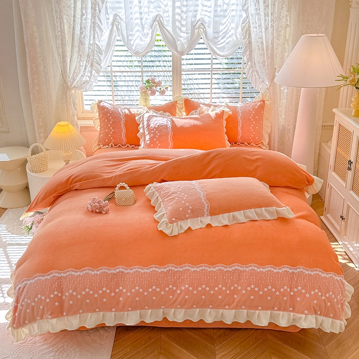 91家纺网 家纺一手货源 找家纺 （总）2025新款牛奶绒刺绣花边四件套-悠梦