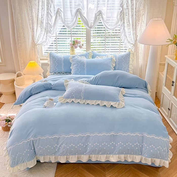 91家纺网 家纺一手货源 找家纺 （总）2025新款牛奶绒刺绣花边四件套-悠梦