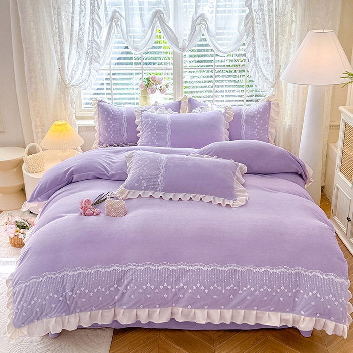 91家纺网 家纺一手货源 找家纺 （总）2025新款牛奶绒刺绣花边四件套-悠梦