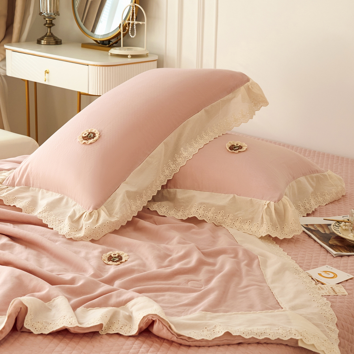 91家纺网 家纺一手货源 找家纺 优希家纺 2025新款竹氧棉多功能春秋被四件套 粉色