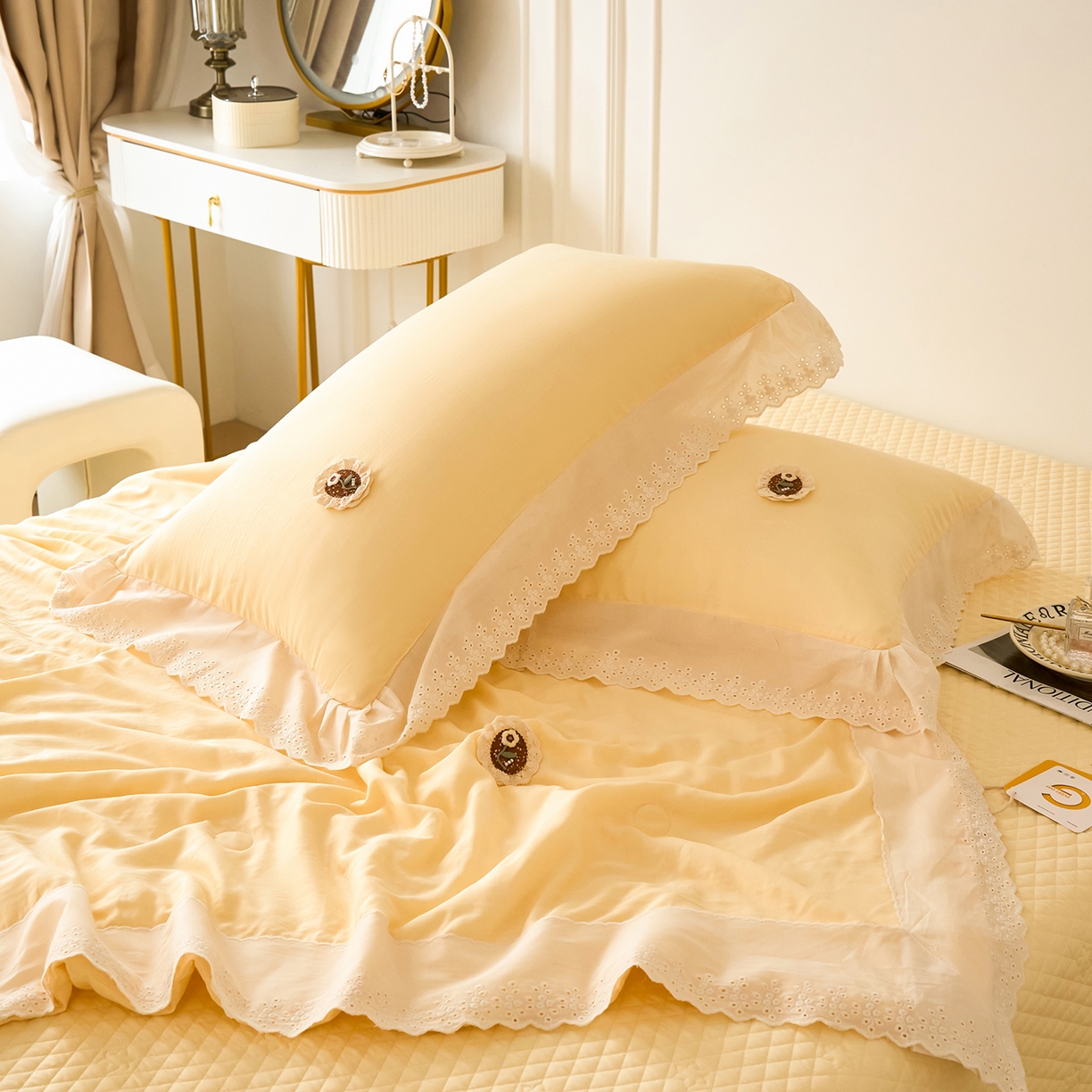 91家纺网 家纺一手货源 找家纺 优希家纺 2025新款竹氧棉多功能春秋被四件套 黄色