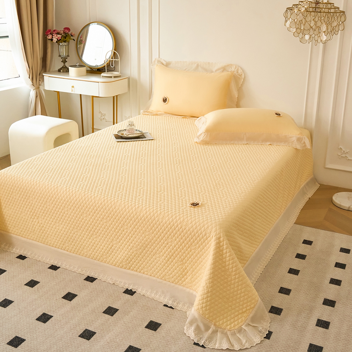 91家纺网 家纺一手货源 找家纺 优希家纺 2025新款竹氧棉多功能春秋被四件套 黄色