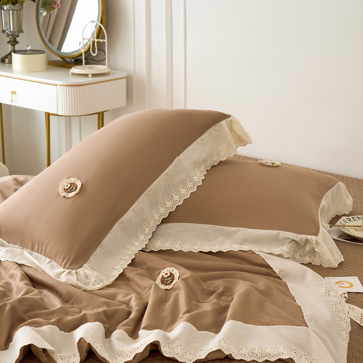 91家纺网 家纺一手货源 找家纺 优希家纺 2025新款竹氧棉多功能春秋被四件套 咖色