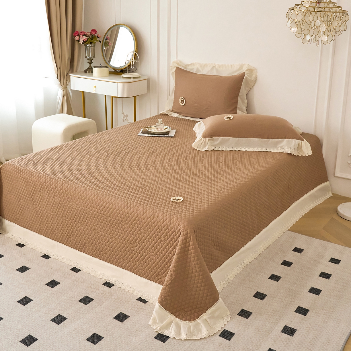 91家纺网 家纺一手货源 找家纺 优希家纺 2025新款竹氧棉多功能春秋被四件套 咖色