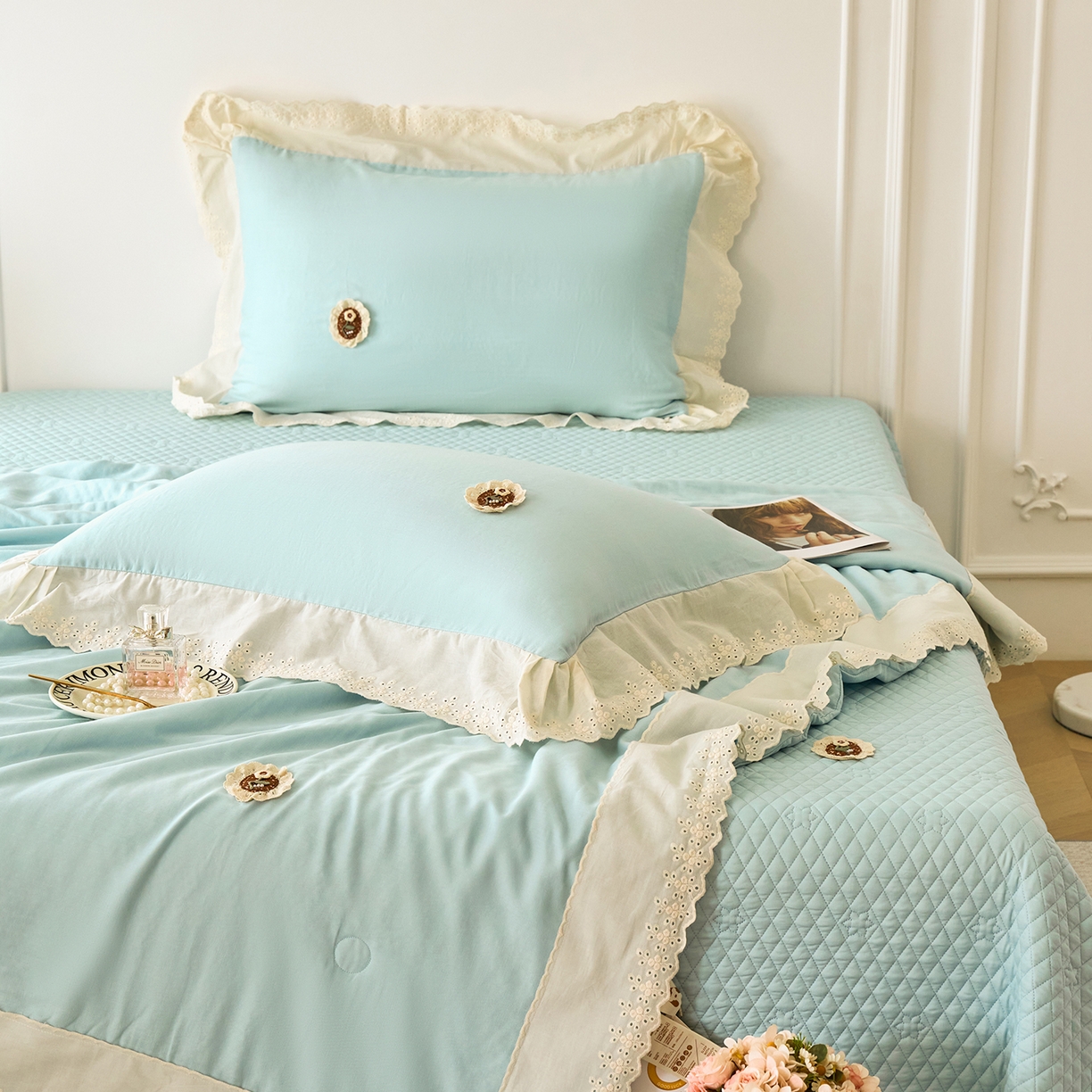 91家纺网 家纺一手货源 找家纺 优希家纺 2025新款竹氧棉多功能春秋被四件套 蓝色