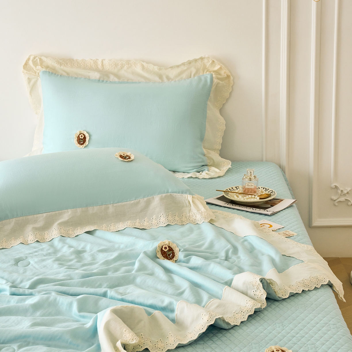 91家纺网 家纺一手货源 找家纺 优希家纺 2025新款竹氧棉多功能春秋被四件套 蓝色