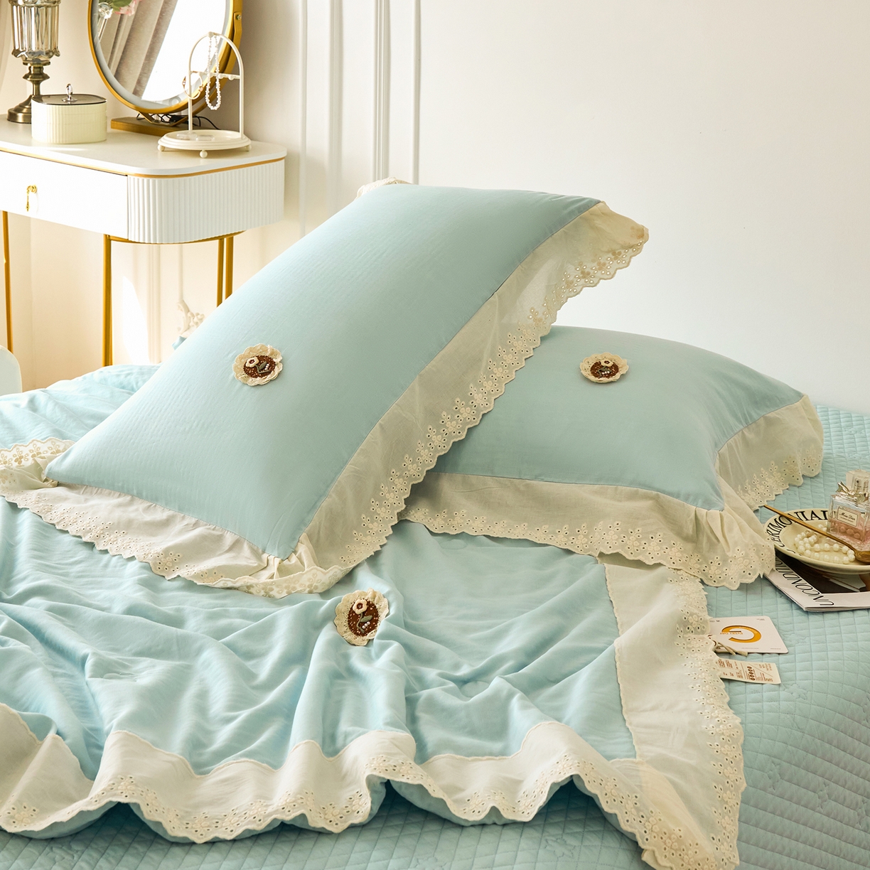 91家纺网 家纺一手货源 找家纺 优希家纺 2025新款竹氧棉多功能春秋被四件套 蓝色