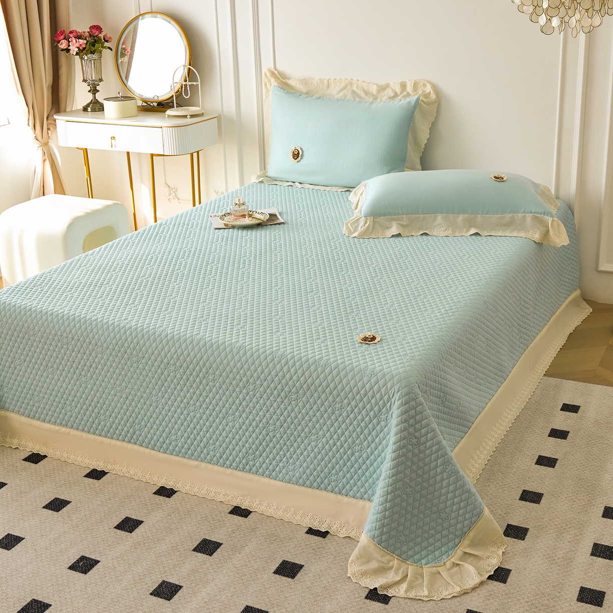 91家纺网 家纺一手货源 找家纺 优希家纺 2025新款竹氧棉多功能春秋被四件套 蓝色