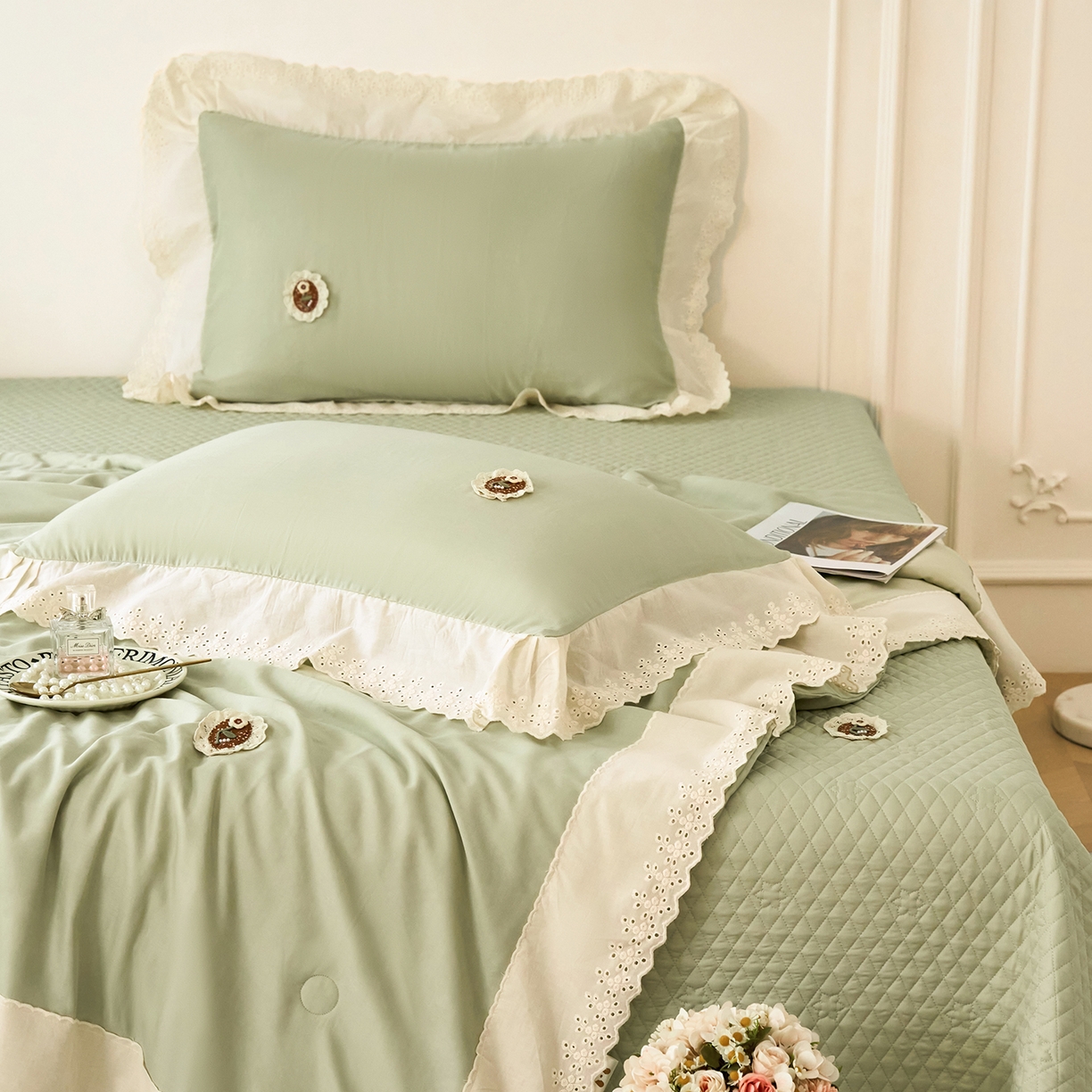 91家纺网 家纺一手货源 找家纺 优希家纺 2025新款竹氧棉多功能春秋被四件套 绿色