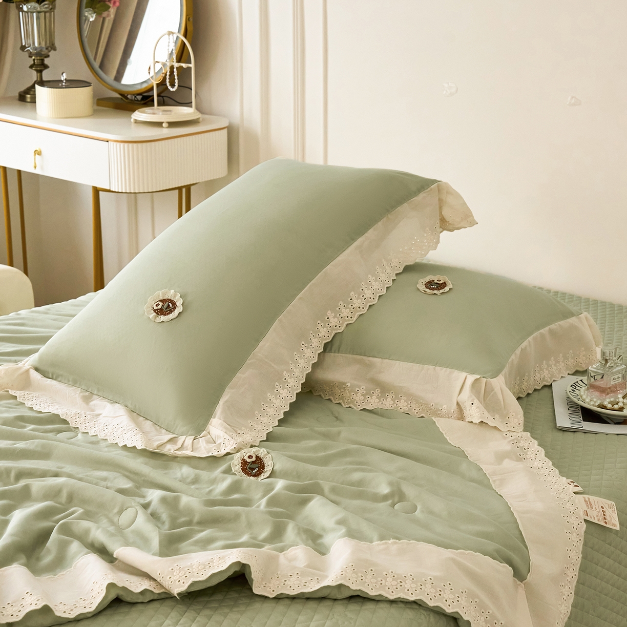 91家纺网 家纺一手货源 找家纺 优希家纺 2025新款竹氧棉多功能春秋被四件套 绿色