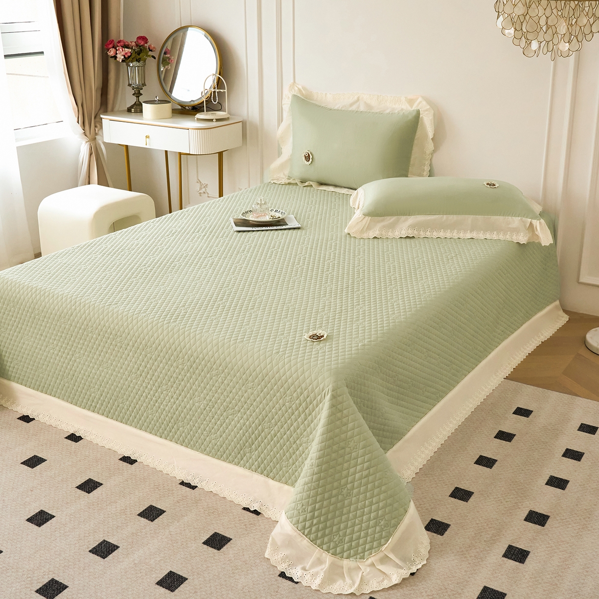 91家纺网 家纺一手货源 找家纺 优希家纺 2025新款竹氧棉多功能春秋被四件套 绿色