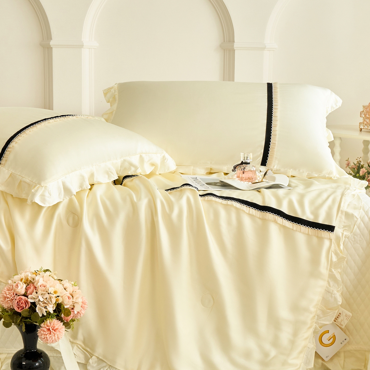 91家纺网 家纺一手货源 找家纺 优希家纺 2025新款樱桃公主夏被四件套 黄色